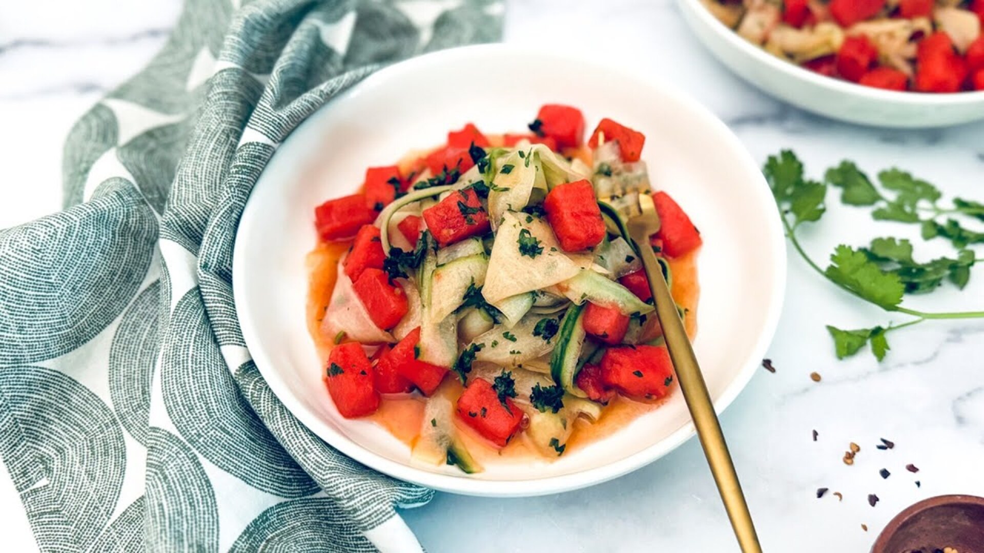 Video thumbnail for Cucumber And Watermelon Ribbon Salad Recipe