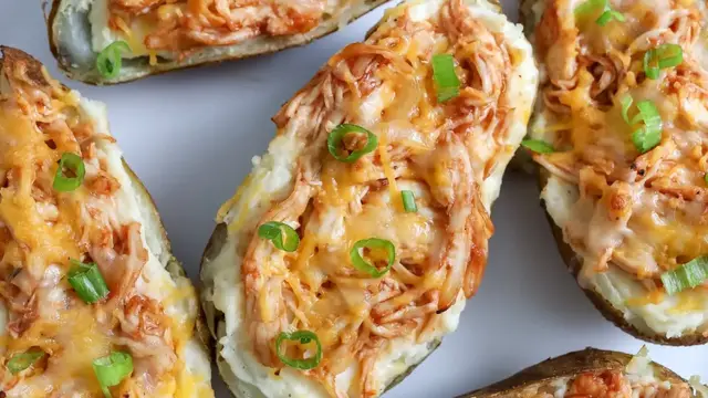 Video thumbnail for Barbecue Chicken-Stuffed Twice-Baked Potatoes Recipe