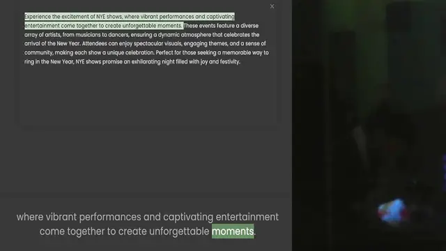Video thumbnail for Experience the excitement of NYE shows, where vibrant performances and captivating entertainment come together to create unforgettable moments. These events feature a diverse array of artists, from musicians to dancers, ensuring a dynamic