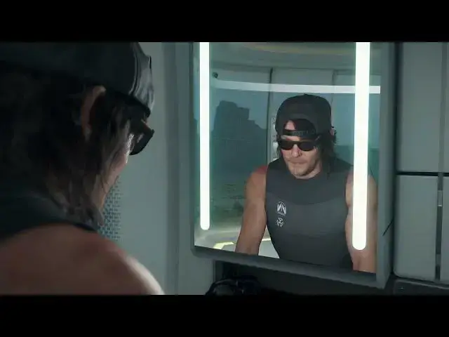 Video thumbnail for Death Stranding 2 - Episode 1 Private Room: Use Sink: Customize Look: Sunglasses, Wear Hat Backwards