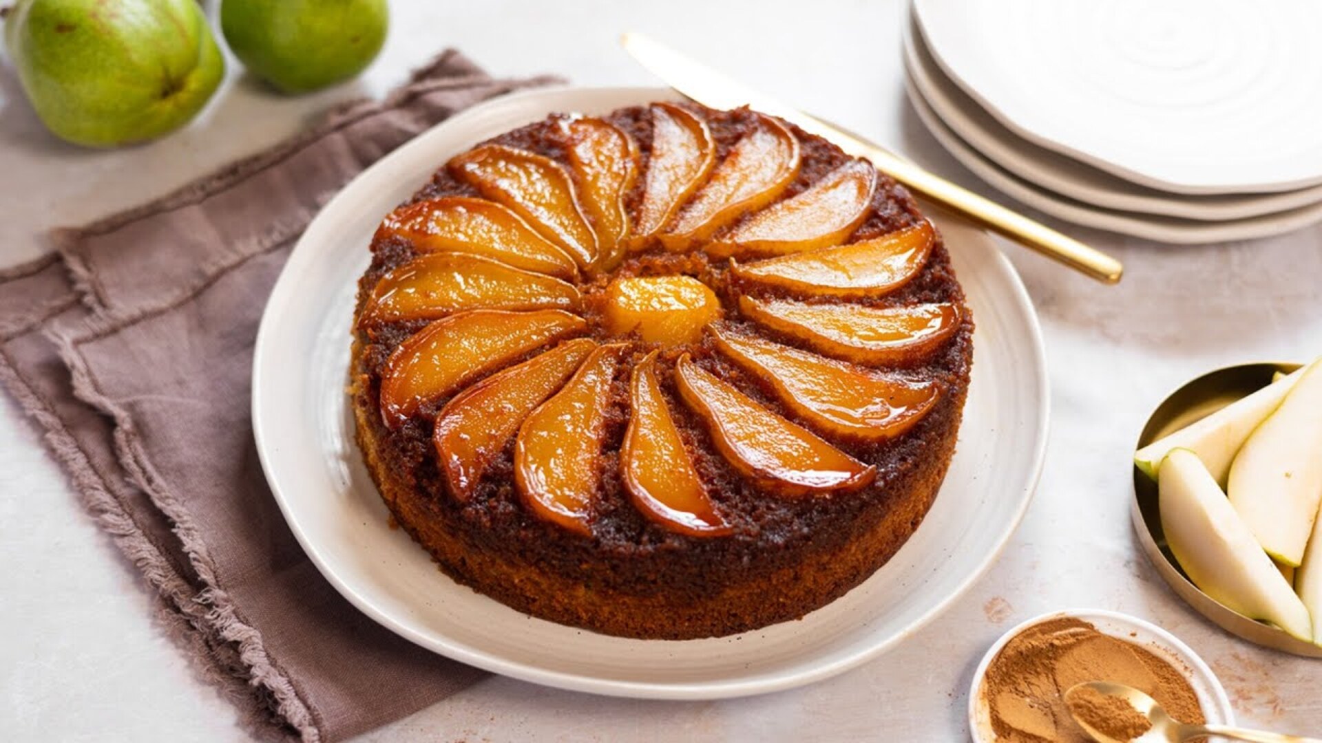 Video thumbnail for Upside-Down Pear And Almond Cake Recipe