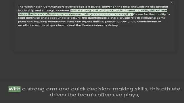 'Video thumbnail for The Washington Commanders quarterback is a pivotal player on the field, showcasing exceptional leadership and strategic acumen. With a strong arm and quick decision-making skills, this athlete drives the team's offensive plays, demonstrat'