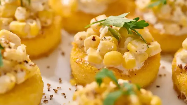 Video thumbnail for Elote-Style Polenta Cake Hors d'Oeuvres Recipe