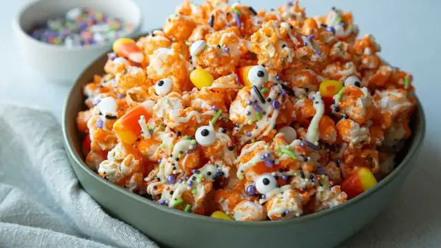 'Video thumbnail for Spooky Halloween Candy-Coated Popcorn Recipe'