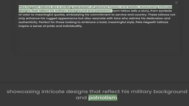 Video thumbnail for designs that reflect his military background and patriotism. Each tattoo tells a story, from symbols of valor to meaningful quotes, embodying his commitment to service and country. These tattoos not only enhance his rugged appearance but