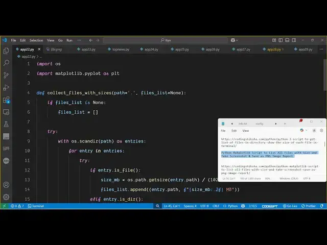 Video thumbnail for Python Matplotlib Script to List All Files with Size and Take Screenshot & Save as PNG Image Report