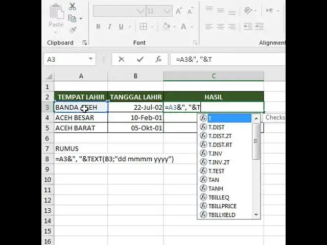 Video thumbnail for CARA MENGGABUNGKAN TEMPAT DAN TANGGAL LAHIR DI EXCEL #Shorts