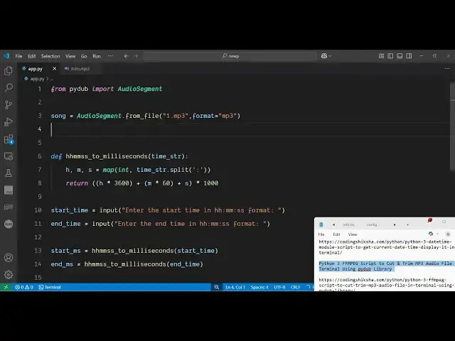 Video thumbnail for Python 3 FFMPEG Script to Cut & Trim MP3 Audio File in Terminal Using pydub Library