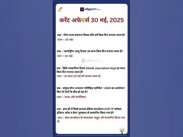 Video thumbnail for 30 May 2025 Current Affairs in Hindi #hindicurrenttaffairs #gkinhindi #todaycurrentaffairs