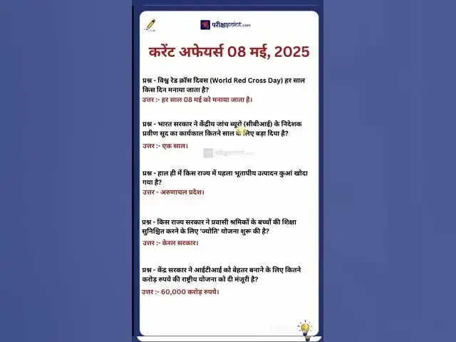 Video thumbnail for 08 May 2025 Current Affairs in Hindi #hindicurrenttaffairs #gkinhindi #todaycurrentaffairs