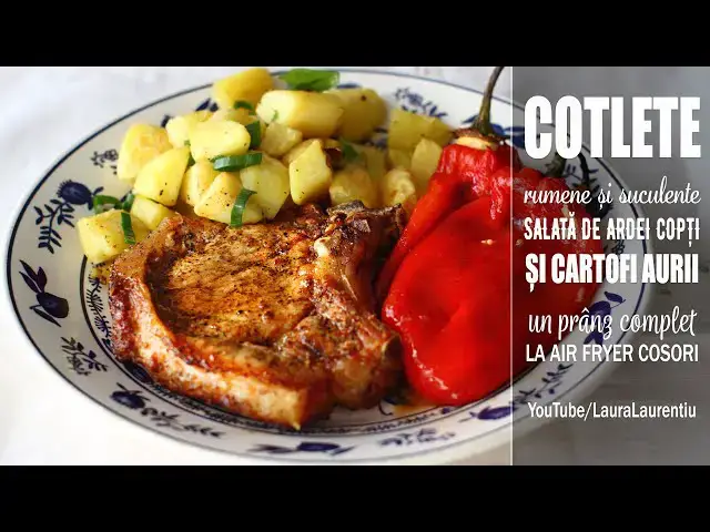 'Video thumbnail for 3 rețete delicioase și rapide: Cotlet de porc, ardei copți și cartofi aurii la Air Fryer Cosori!'