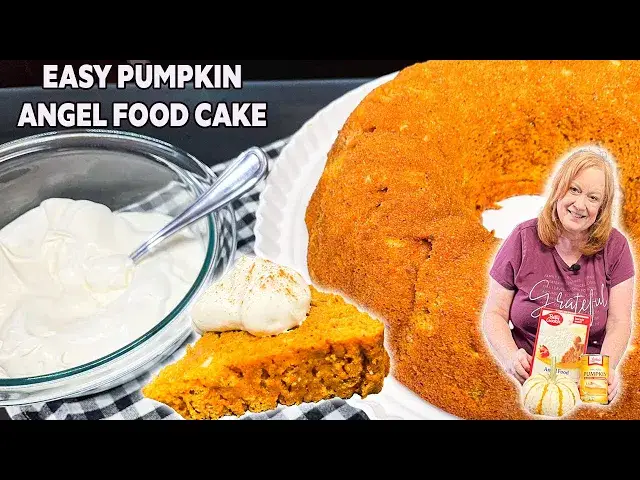 Video thumbnail for The Easiest PUMPKIN ANGEL FOOD CAKE with HOMEMADE WHIPPING TOPPING