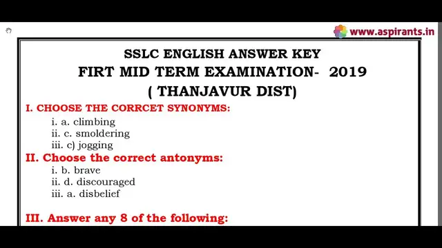 Video thumbnail for 10th English First Mid Term Answer Keys 2019-20 | Thanjavur District | Team Aspirants