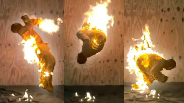 Video thumbnail for Stuntman performs backflips whilst in a full body burn