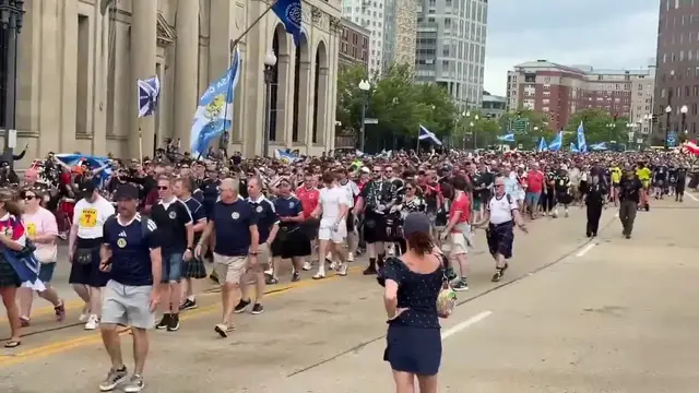 Video thumbnail for World Cup 2026 – US: Scotland Fans March Through Providence Ahead of Morocco Match.