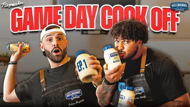 Video thumbnail for Baker Mayfield & Tristan Wirfs’ Epic Buffalo Chicken Dip Battle | Hellmann’s Game Day Cook Off Ep 1