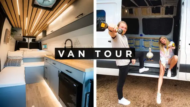 'Video thumbnail for VAN TOUR | Model + Photographer Build Out Dream Camper Van w/ Hidden Shower'