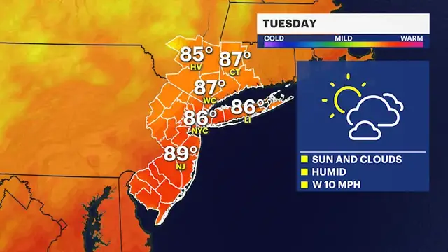 Video thumbnail for Heat & humidity linger across Brooklyn heading into Tuesday