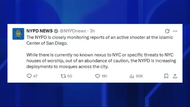 Video thumbnail for NYPD heightens security at mosques after shooting at the Islamic Center of San Diego