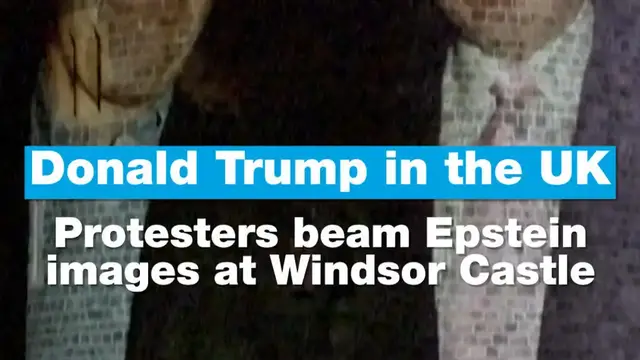 'Video thumbnail for Donald Trump in the UK: Protesters beam Epstein images at Windsor Castle'