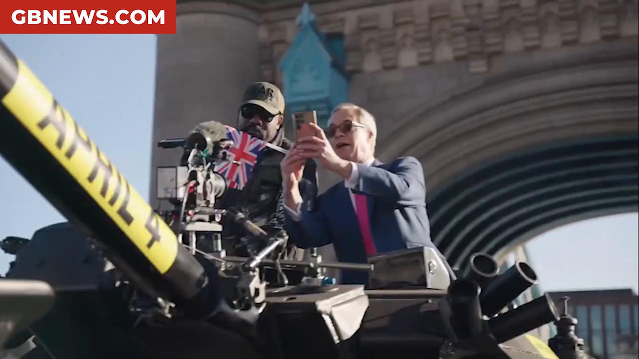 Video thumbnail for WATCH: Nigel Farage and Derek Chisora ride a tank across Tower Bridge