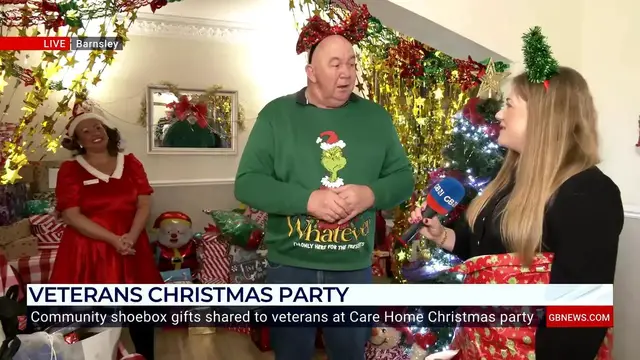 Video thumbnail for WATCH: GB News reporter wrapped up as a Christmas gift at Veterans Christmas party