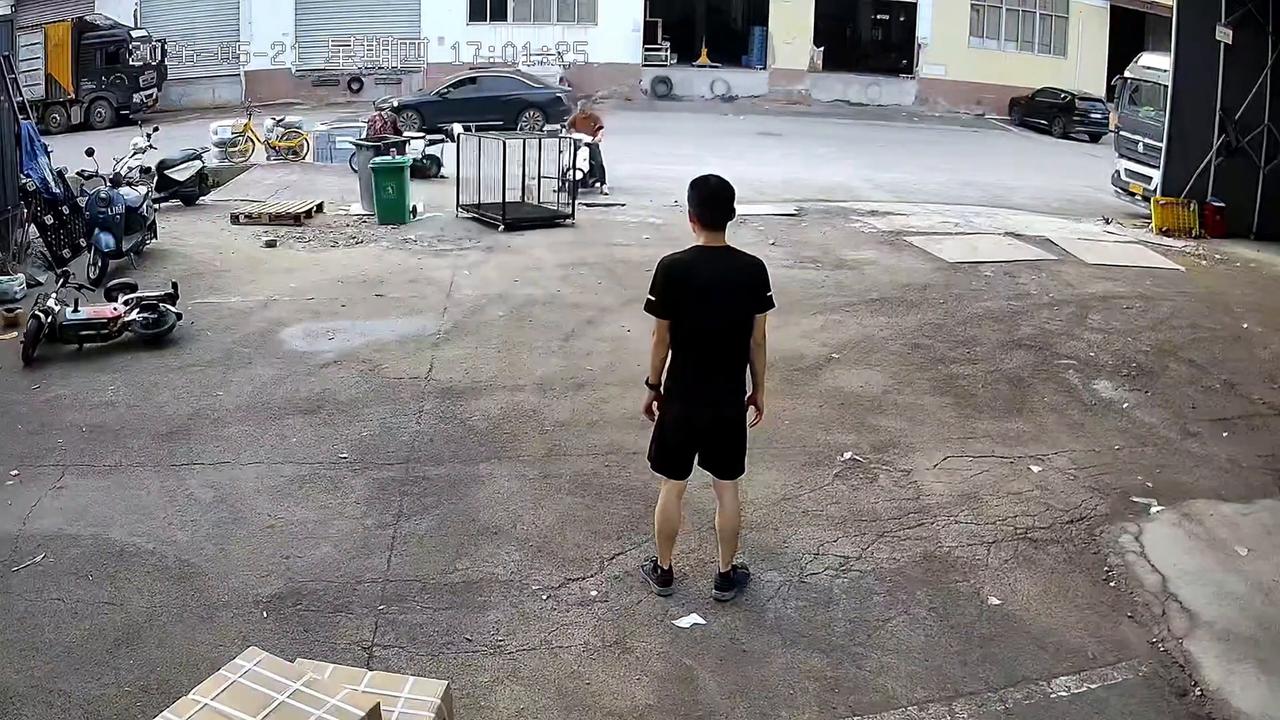 Video thumbnail for China: Excited puppy drags cage across yard in China.