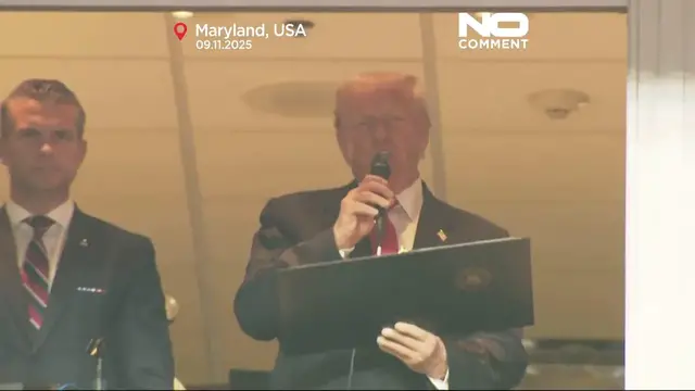 'Video thumbnail for Donald Trump cheered and booed as first sitting US president at regular-season NFL game since 1978'