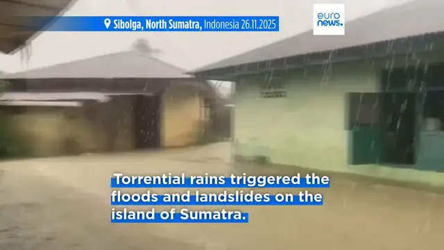 Video thumbnail for At least 10 killed and six missing as flash floods, landslides hit Indonesian island of Sumatra