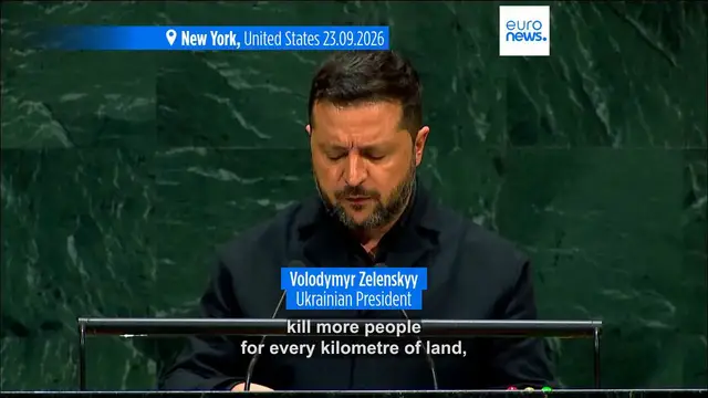 Video thumbnail for Volodymyr Zelenskyy calls for continued pressure on Russia at UN General Assembly
