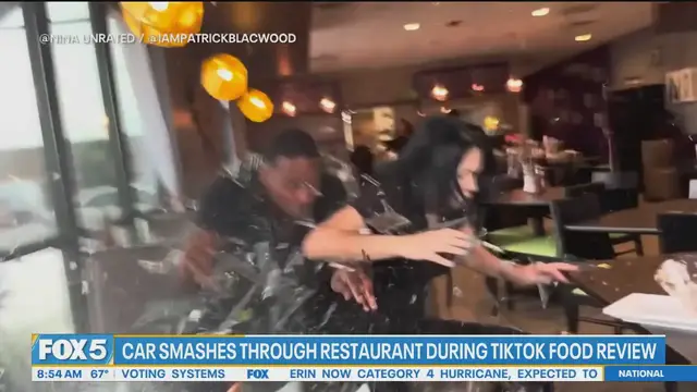'Video thumbnail for Car crashes through Houston restaurant as influencers film food review'