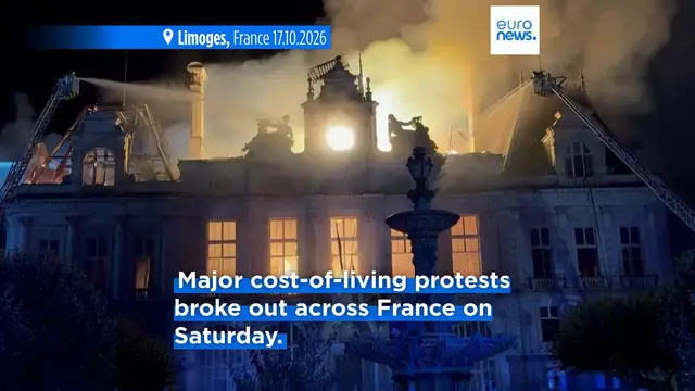 Video thumbnail for Spire collapses at historic Limoges town hall amid violent protests across France
