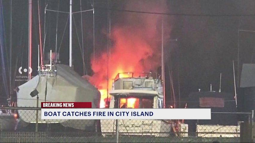 Video thumbnail for Boat catches fire in City Island