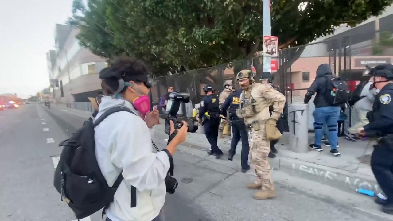Video thumbnail for US: DHS and Protesters Scuffle In LA on May Day.