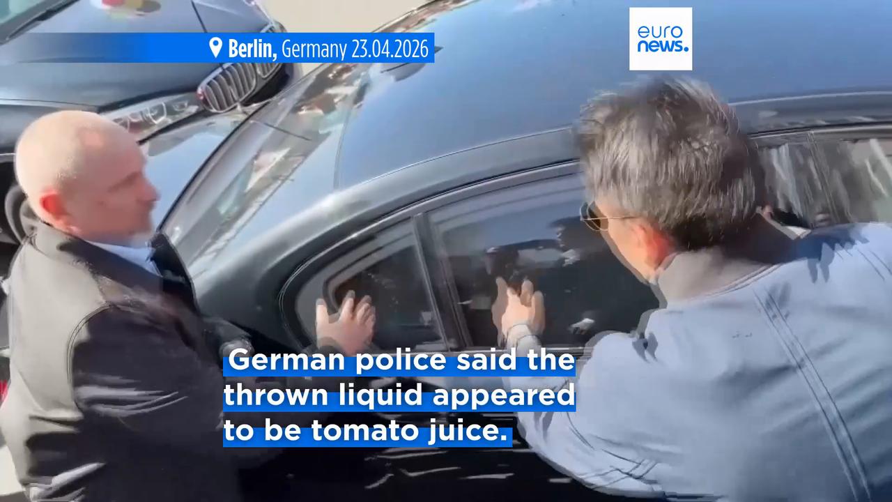 Video thumbnail for Iran's exiled crown prince Reza Pahlavi splattered with red liquid in Berlin