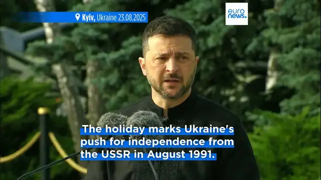 'Video thumbnail for Volodymyr Zelenskyy marks National Flag Day as Russia continues to target Ukrainian cities'
