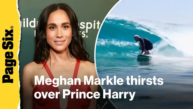 'Video thumbnail for Meghan Markle thirsts over husband Prince Harry in rare surfing video: 'What a man''