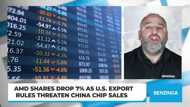 'Video thumbnail for AMD Shares Drop 7% As U.S. Export Rules Threaten China Chip Sales'