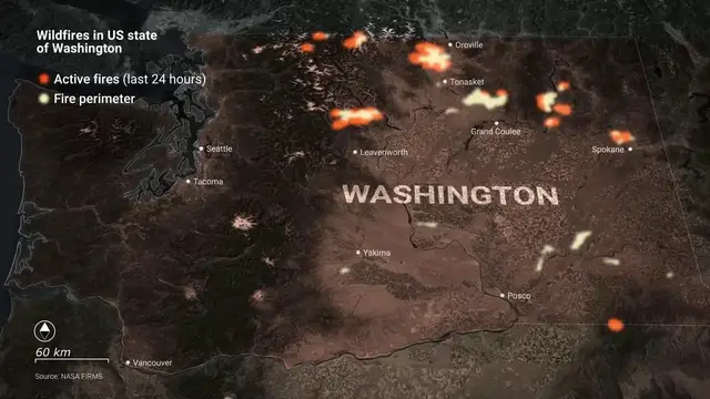 Video thumbnail for US: MOTION GRAPHICS - 65,000 evacuated as wildfires destroy 700 homes in US state of Washington.