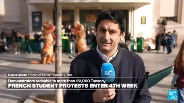 Video thumbnail for French protests enter 4th week: Demonstrations backing students gather strength