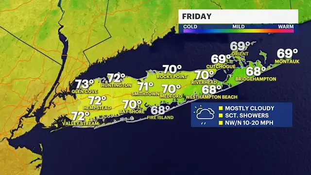 Video thumbnail for Temperatures dropping into the weekend, tracking showers and gusty winds for Long Island