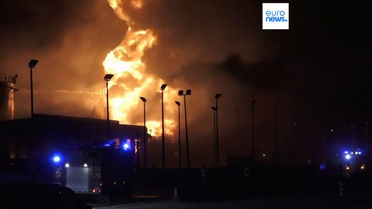Video thumbnail for Iranian attack sparks huge fire at Bahrain facility