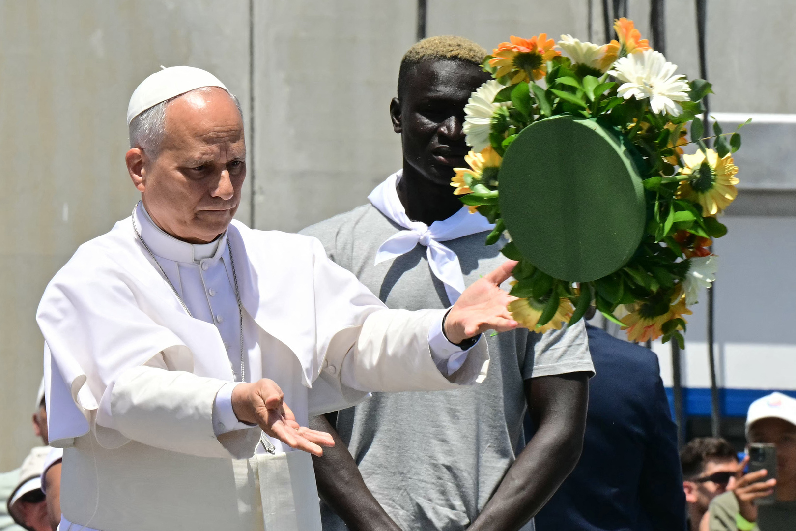 Video thumbnail for Pope Leo tells migrants: ‘I bow before your dignity’