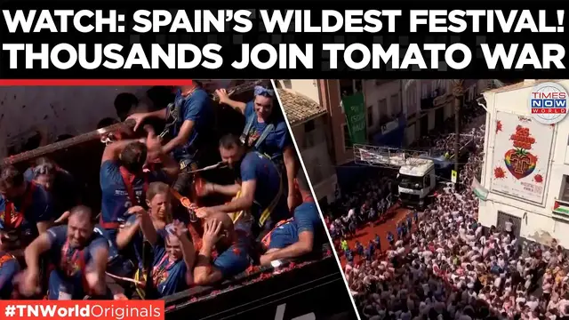 Video thumbnail for SPAIN TURNS RED! Thousands Join La Tomatina Tomato Fight in Buñol | Times Now World