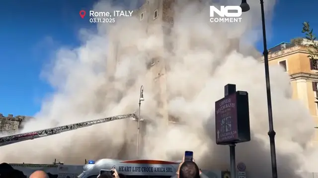 'Video thumbnail for Watch: Moment medieval Torre dei Conti in Rome partially collapses during renovations'