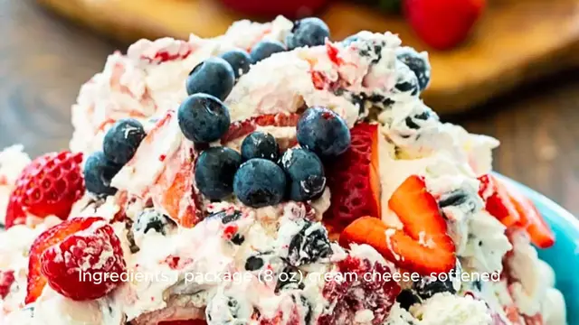 Video thumbnail for Red, White, and Blue Cheesecake Salad Recipe