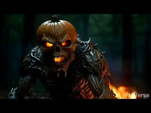 Video thumbnail for Pumkinhead creature with fire eyes