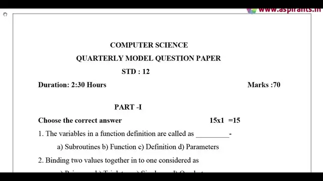 Video thumbnail for 12th Computer Science Quarterly Exam 2019-20 Model Question Paper-1 | English Medium |Team Aspirants