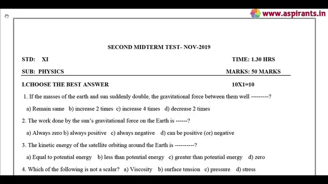 Video thumbnail for 11th Physics 2nd MidTerm Model Question Paper 2019-20 | Perambalur District | English Medium