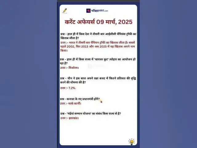 Video thumbnail for 09 March 2025 Current Affairs in Hindi #currentaffairstoday #todaycurrentaffairs #gkinhindi